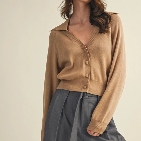 Erika Wide Collar Sweater Cardigan | Women's Tan Button Up Shirt | Beige Neutral - Picture 9 of 10